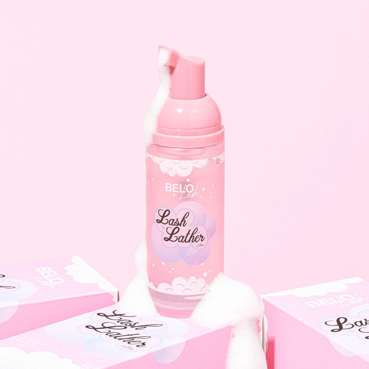 A bottle of Belo Lash Cleanser, designed for cleaning and maintaining lash extensions, ensuring lash health.