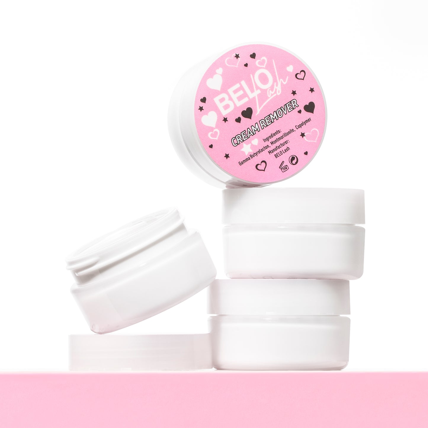 Multiple pots of cream lash extension remover, perfect for gently removing lash extensions without damaging natural lashes.