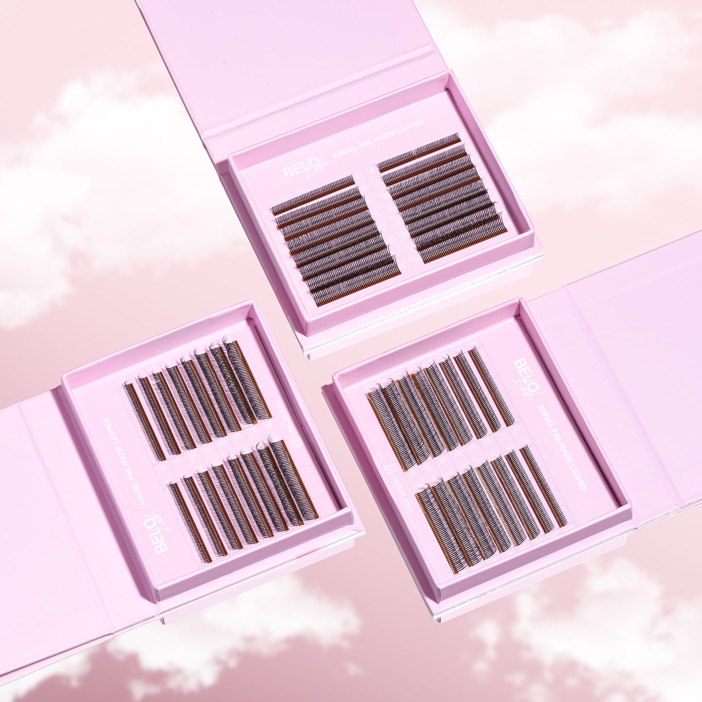Tray of Pre-Made Angel Lashes for effortless volume lash application, providing easy and beautiful lash enhancements.