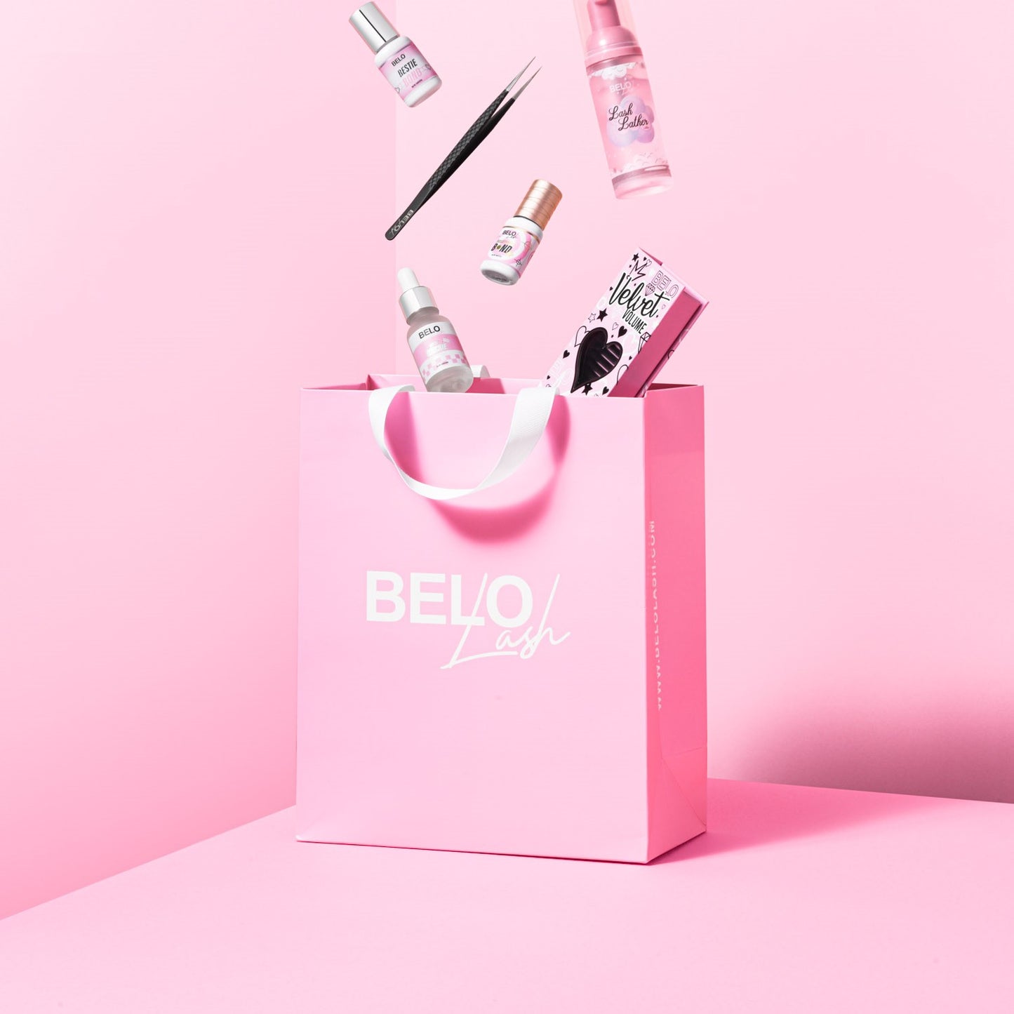 Belo Lash collection bag for storing and organizing eyelash extension supplies, keeping everything neat and accessible.