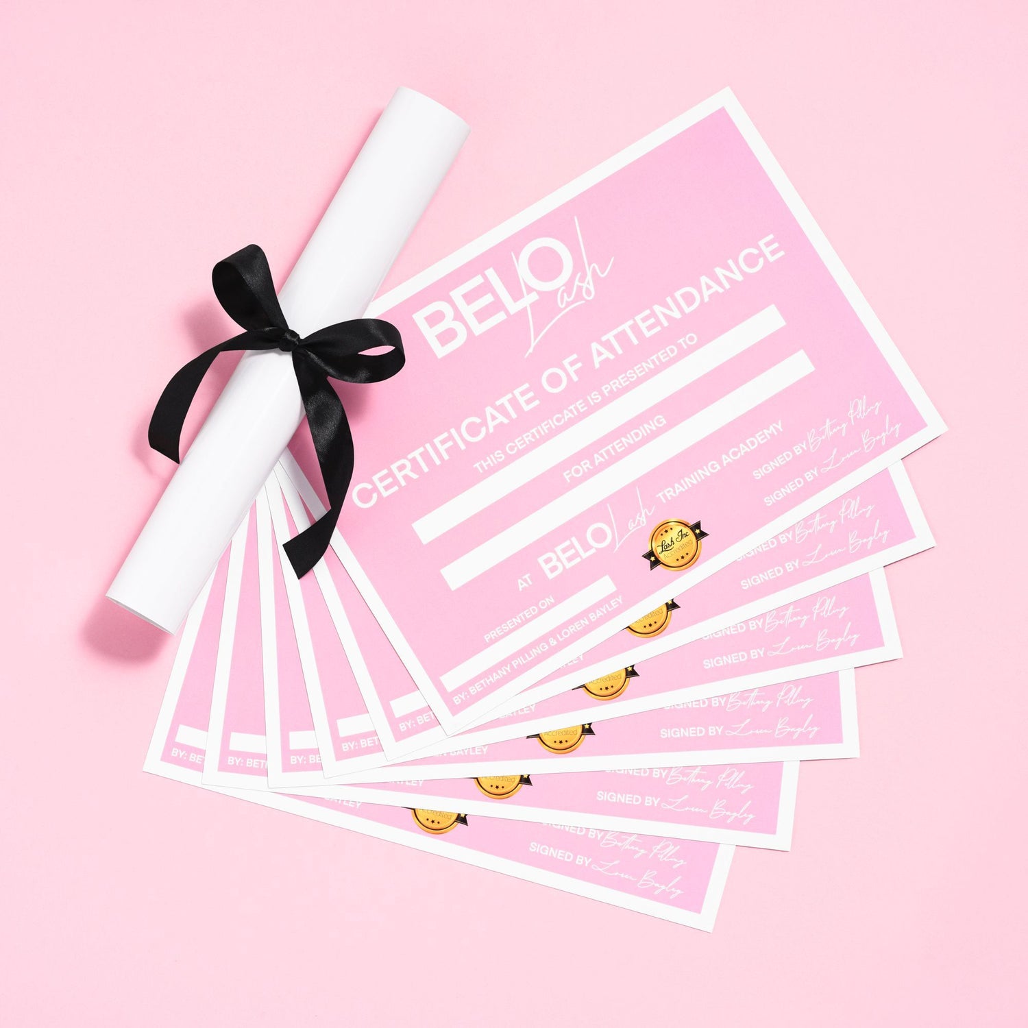 Belo Lash certificate of attendance with BELO branding and elegant design, showcasing certification details for lash training.