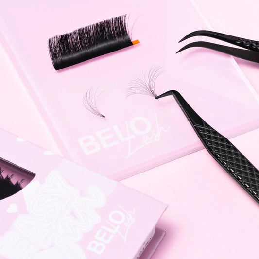 Belo Lash Velvet Easy Fan Lashes on tweezers, showcasing the precision and ease of use for lash application.