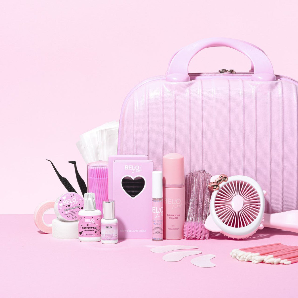 Complete BELO Lash classic beginner kit showcasing various adhesives, lash extensions, and application tools for professionals.