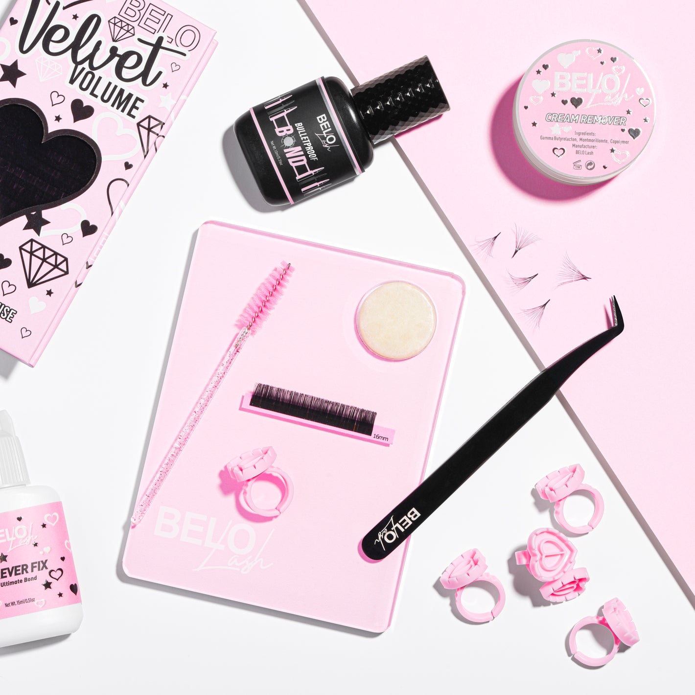 Velvet volume lashes and black tweezers, alongside 10ml Bulletproof adhesive and other lash accessories.